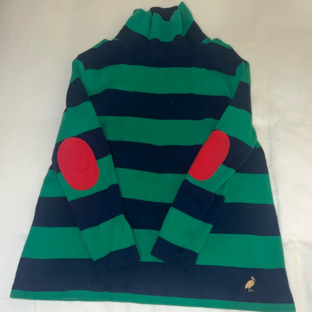 The Beaufort Bonnet company size 7, navy and green striped swing turtleneck.